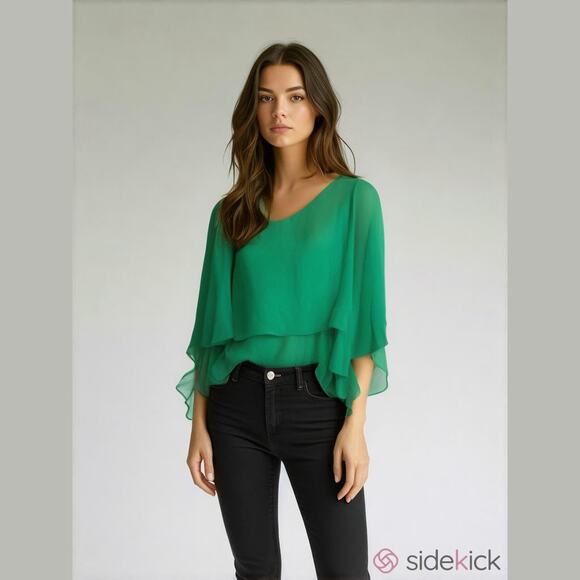 Zara Woman Green Chiffon Layered Dolman Bell Sleeve Boat Neck Top L - Picture 1 of 7